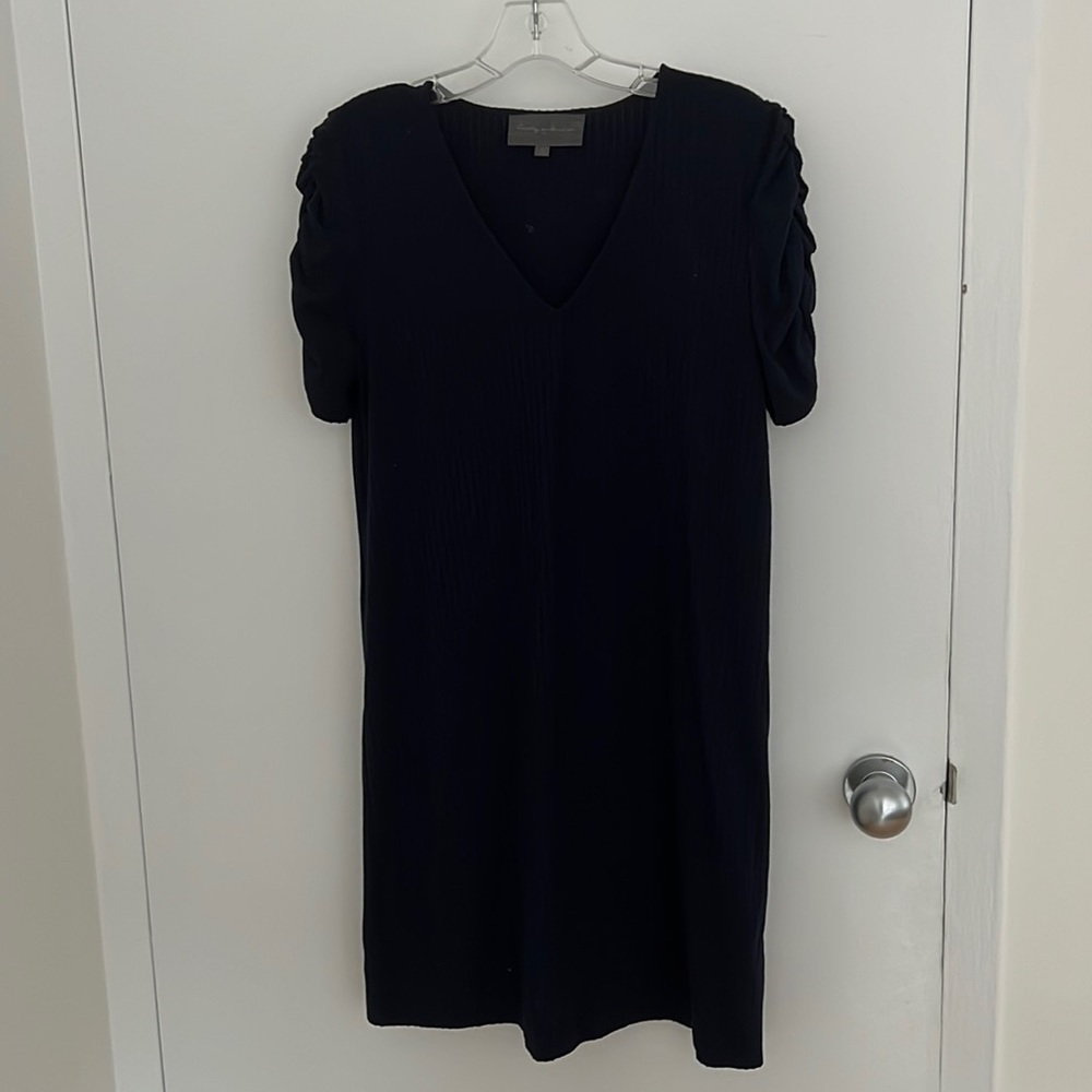 Anthropologie navy shift dress, size small, ruffle sleeves